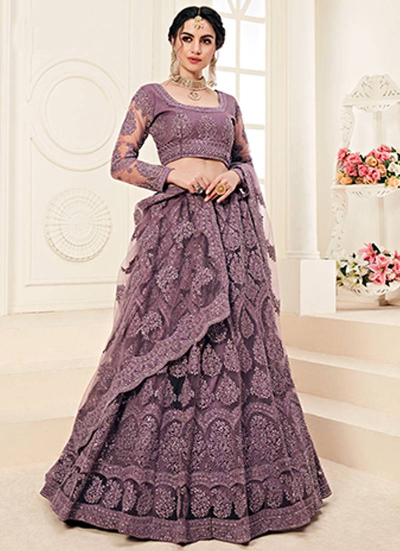 Violet indian wedding wear premium net lehenga choli set with heavy silk inner for women's