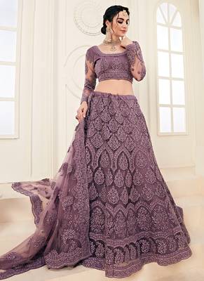 Violet indian wedding wear premium net lehenga choli set with heavy silk inner for women's 2