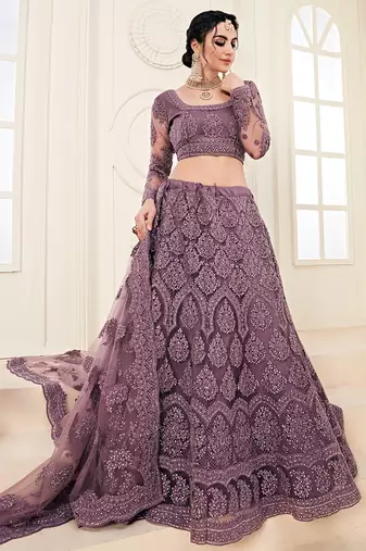 Violet indian wedding wear premium net lehenga choli set with heavy silk inner for women's