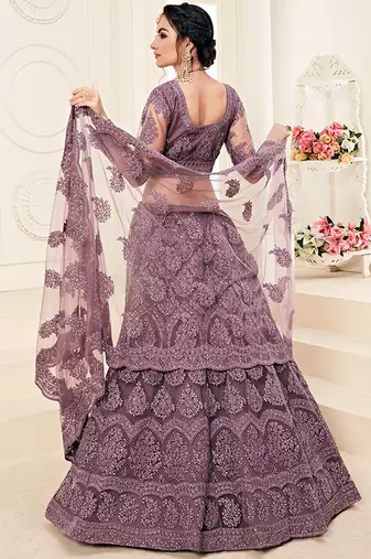 Violet indian wedding wear premium net lehenga choli set with heavy silk inner for women's