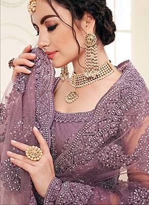 Violet indian wedding wear premium net lehenga choli set with heavy silk inner for women's 4