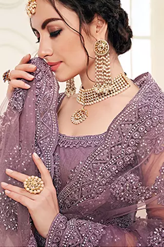 Violet indian wedding wear premium net lehenga choli set with heavy silk inner for women's