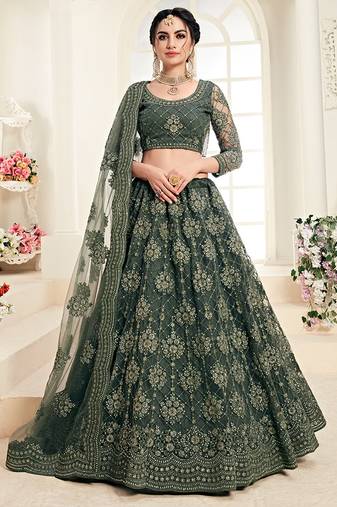 Mehendi Green indian wedding wear premium net lehenga choli set with heavy silk inner for women's