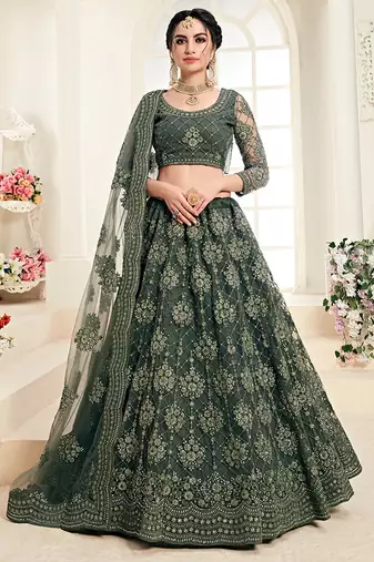 Mehendi Green indian wedding wear premium net lehenga choli set with heavy silk inner for women's