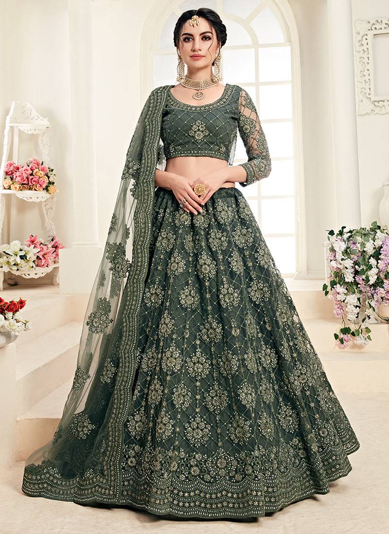 Mehendi Green indian wedding wear premium net lehenga choli set with heavy silk inner for women's