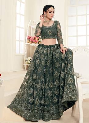 Mehendi Green indian wedding wear premium net lehenga choli set with heavy silk inner for women's 2