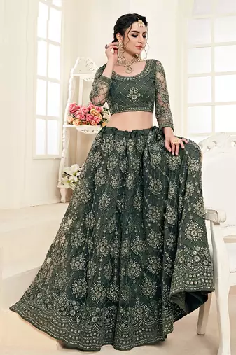 Mehendi Green indian wedding wear premium net lehenga choli set with heavy silk inner for women's