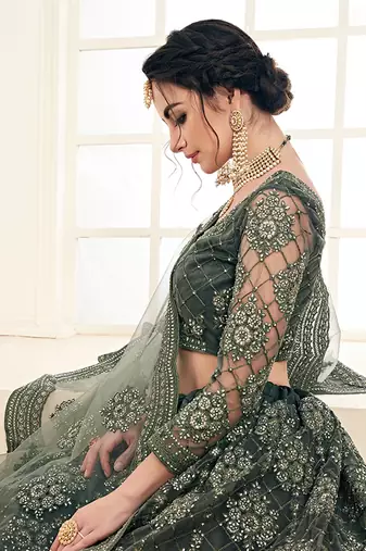 Mehendi Green indian wedding wear premium net lehenga choli set with heavy silk inner for women's