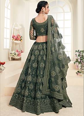 Mehendi Green indian wedding wear premium net lehenga choli set with heavy silk inner for women's 4