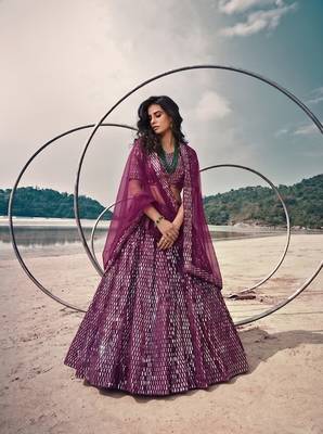 Purple net lehenga with un-stitched blouse party wedding wear 4
