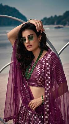 Purple net lehenga with un-stitched blouse party wedding wear 5