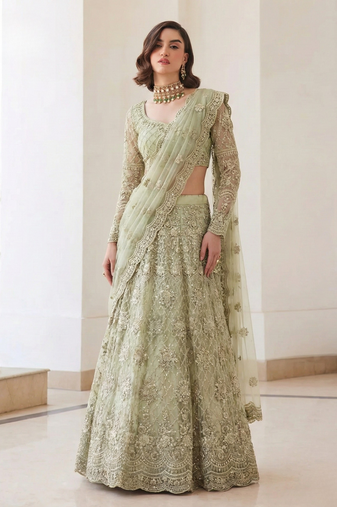 PistaGreen Indian Wedding Bridal Wear Premium Butterfly Net Lehenga Choli Set With Banglori Silk Inner For Women's