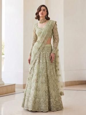 PistaGreen Indian Wedding Bridal Wear Premium Butterfly Net Lehenga Choli Set With Banglori Silk Inner For Women's 1