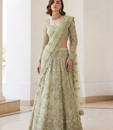 PistaGreen Indian Wedding Bridal Wear Premium Butterfly Net Lehenga Choli Set With Banglori Silk Inner For Women's