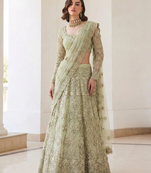 PistaGreen Indian Wedding Bridal Wear Premium Butterfly Net Lehenga Choli Set With Banglori Silk Inner For Women's