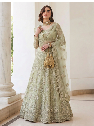 PistaGreen Indian Wedding Bridal Wear Premium Butterfly Net Lehenga Choli Set With Banglori Silk Inner For Women's 2