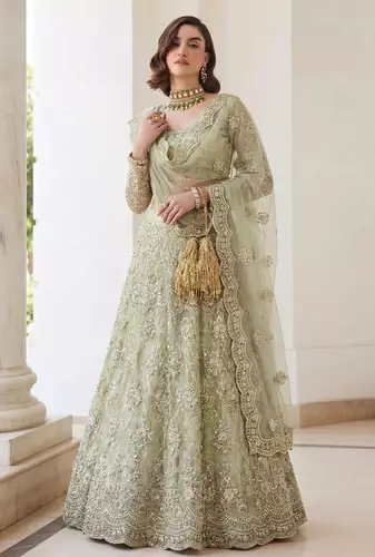 PistaGreen Indian Wedding Bridal Wear Premium Butterfly Net Lehenga Choli Set With Banglori Silk Inner For Women's