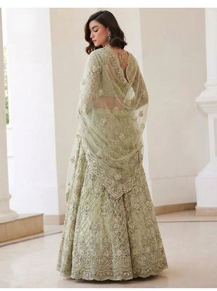 PistaGreen Indian Wedding Bridal Wear Premium Butterfly Net Lehenga Choli Set With Banglori Silk Inner For Women's 3