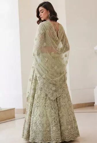 PistaGreen Indian Wedding Bridal Wear Premium Butterfly Net Lehenga Choli Set With Banglori Silk Inner For Women's