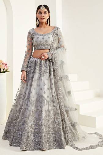  Grey Coding Embroidered Net & Silk Satin Lehenga Choli For Indian Wedding Look