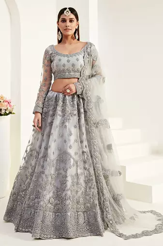  Grey Coding Embroidered Net & Silk Satin Lehenga Choli For Indian Wedding Look