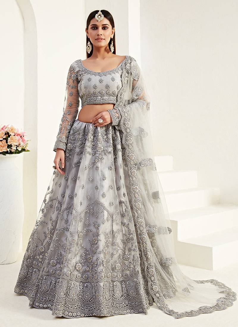  Grey Coding Embroidered Net & Silk Satin Lehenga Choli For Indian Wedding Look