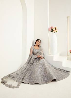  Grey Coding Embroidered Net & Silk Satin Lehenga Choli For Indian Wedding Look 2
