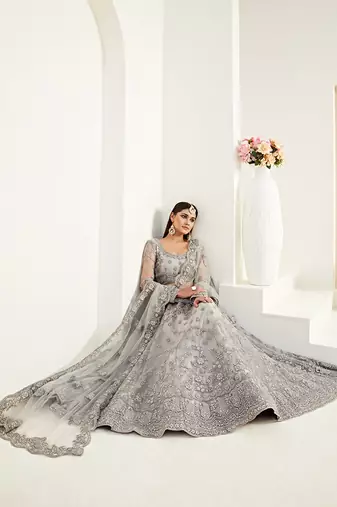  Grey Coding Embroidered Net & Silk Satin Lehenga Choli For Indian Wedding Look