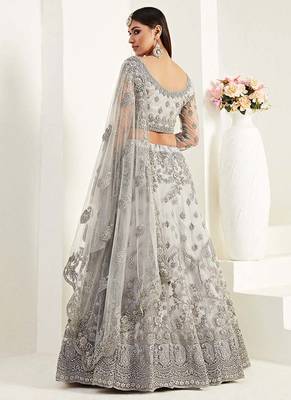  Grey Coding Embroidered Net & Silk Satin Lehenga Choli For Indian Wedding Look 3