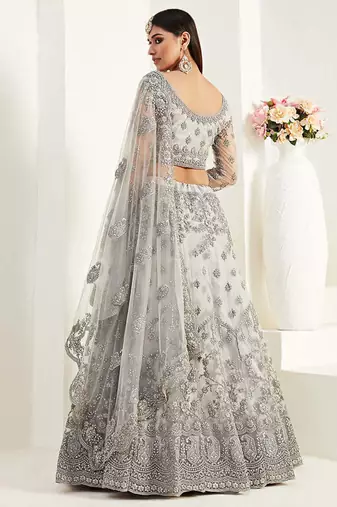  Grey Coding Embroidered Net & Silk Satin Lehenga Choli For Indian Wedding Look
