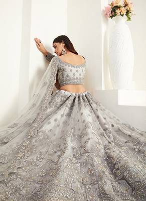  Grey Coding Embroidered Net & Silk Satin Lehenga Choli For Indian Wedding Look 4
