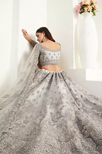  Grey Coding Embroidered Net & Silk Satin Lehenga Choli For Indian Wedding Look
