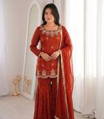 Orange fendy silk embroidered sharara suit with zarkan diamond work