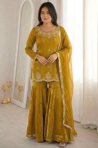 Yellow fendy silk embroidered sharara suit with zarkan diamond work