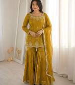 Yellow fendy silk embroidered sharara suit with zarkan diamond work