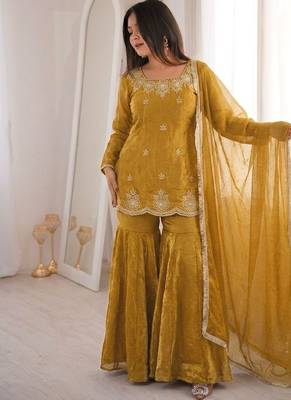 Yellow fendy silk embroidered sharara suit with zarkan diamond work 2
