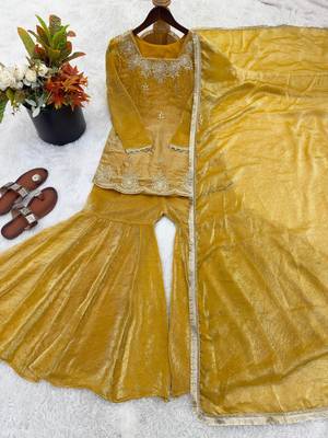 Yellow fendy silk embroidered sharara suit with zarkan diamond work 3