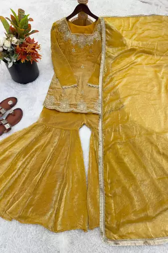 Yellow fendy silk embroidered sharara suit with zarkan diamond work