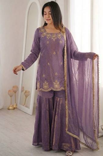 Purple fendy silk embroidered sharara suit with zarkan diamond work