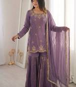 Purple fendy silk embroidered sharara suit with zarkan diamond work