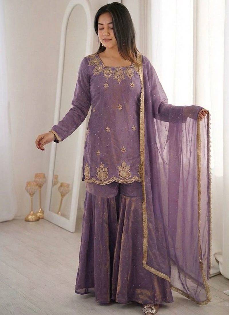 Purple fendy silk embroidered sharara suit with zarkan diamond work