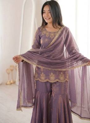 Purple fendy silk embroidered sharara suit with zarkan diamond work 2