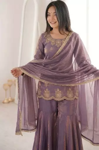 Purple fendy silk embroidered sharara suit with zarkan diamond work