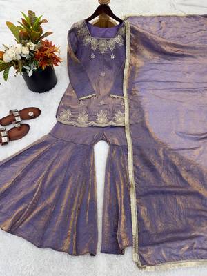Purple fendy silk embroidered sharara suit with zarkan diamond work 3