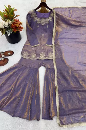 Purple fendy silk embroidered sharara suit with zarkan diamond work