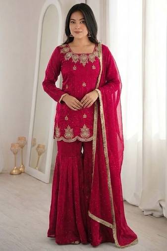 Rani pink fendy silk embroidered sharara suit with zarkan diamond work