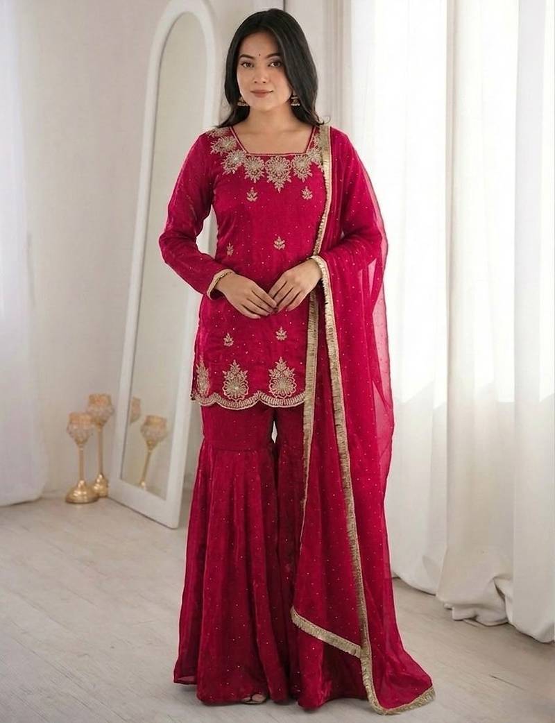 Rani pink fendy silk embroidered sharara suit with zarkan diamond work