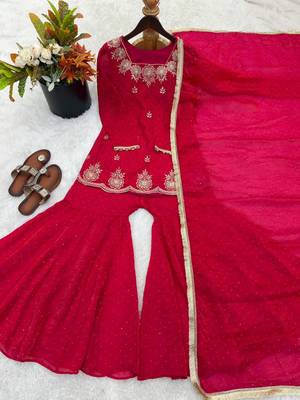 Rani pink fendy silk embroidered sharara suit with zarkan diamond work 3