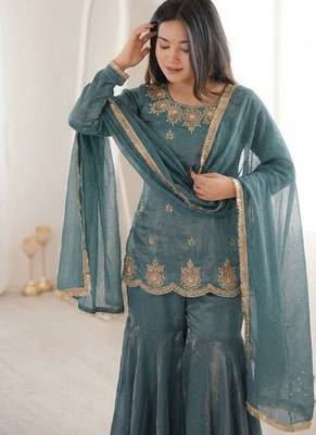 Teal blue fendy silk embroidered sharara suit with zarkan diamond work 2