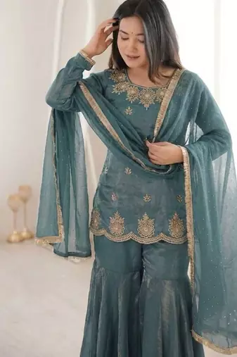 Teal blue fendy silk embroidered sharara suit with zarkan diamond work